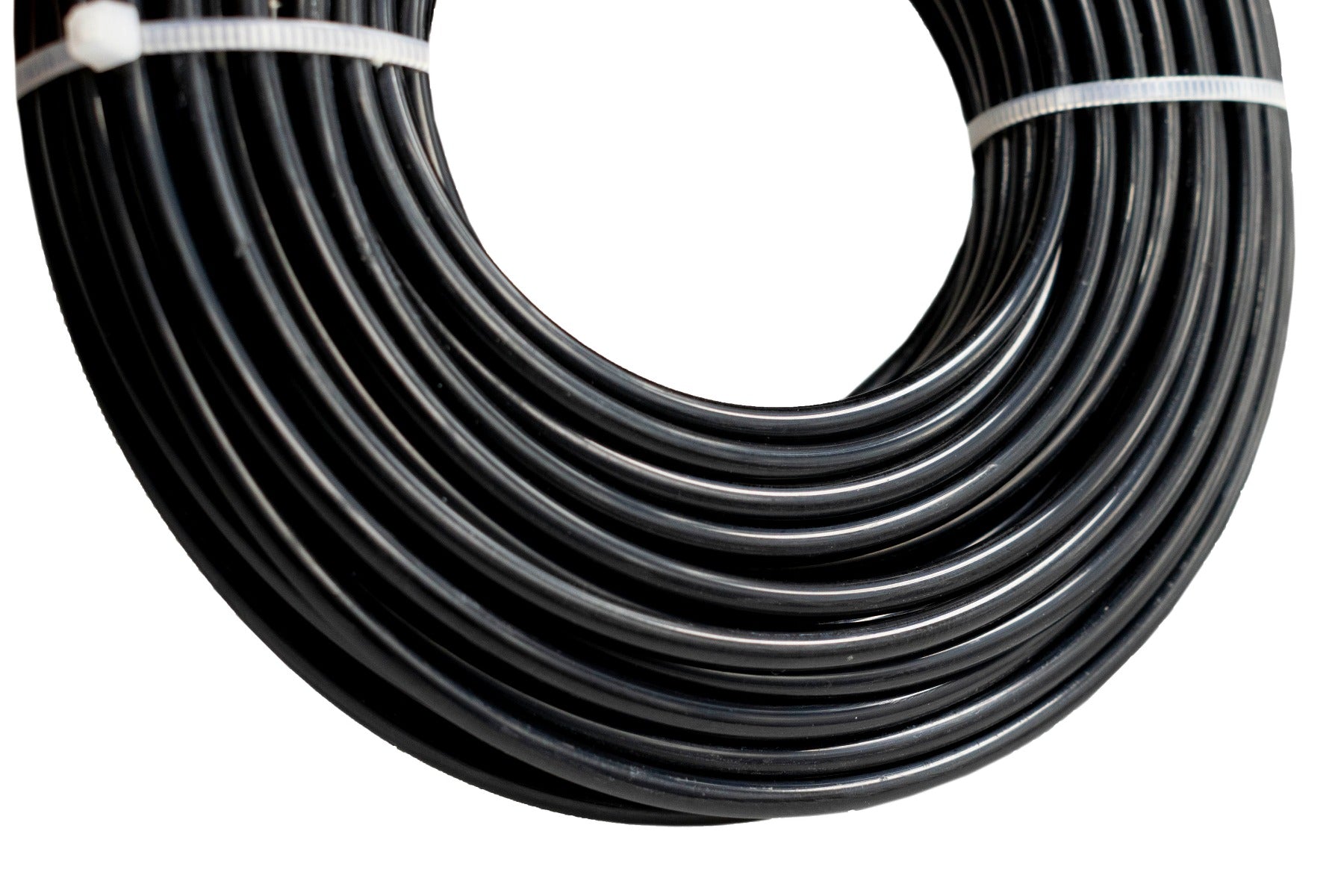 Close-up of coiled black round strimmer line, 1.6mm