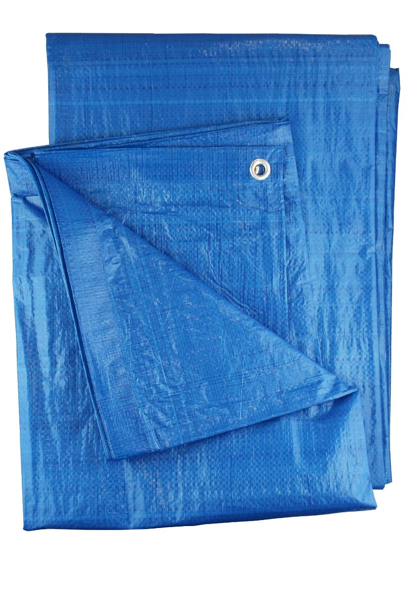 Blue S-grade tarpaulin, 1.5m x 6m, folded with reinforced eyelet