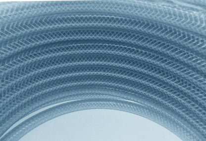 Clear braided PVC pipe coil interior view, translucent tubing with braided pattern