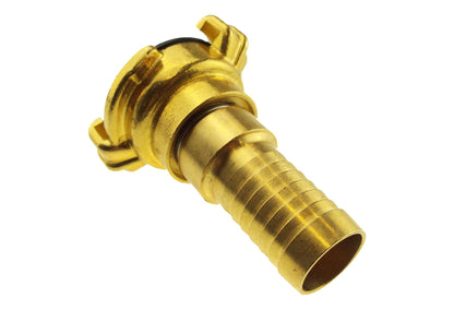 Brass claw hose fitting with barbed end and black gasket ring