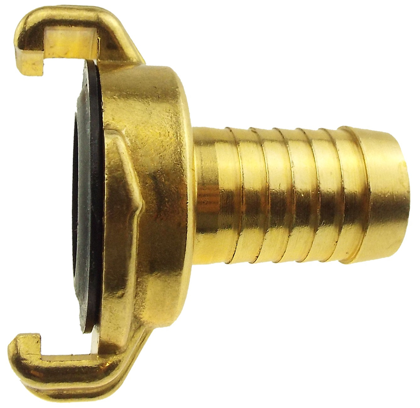 Brass 1-inch hose connector with claw-style locking ring and barbed spout