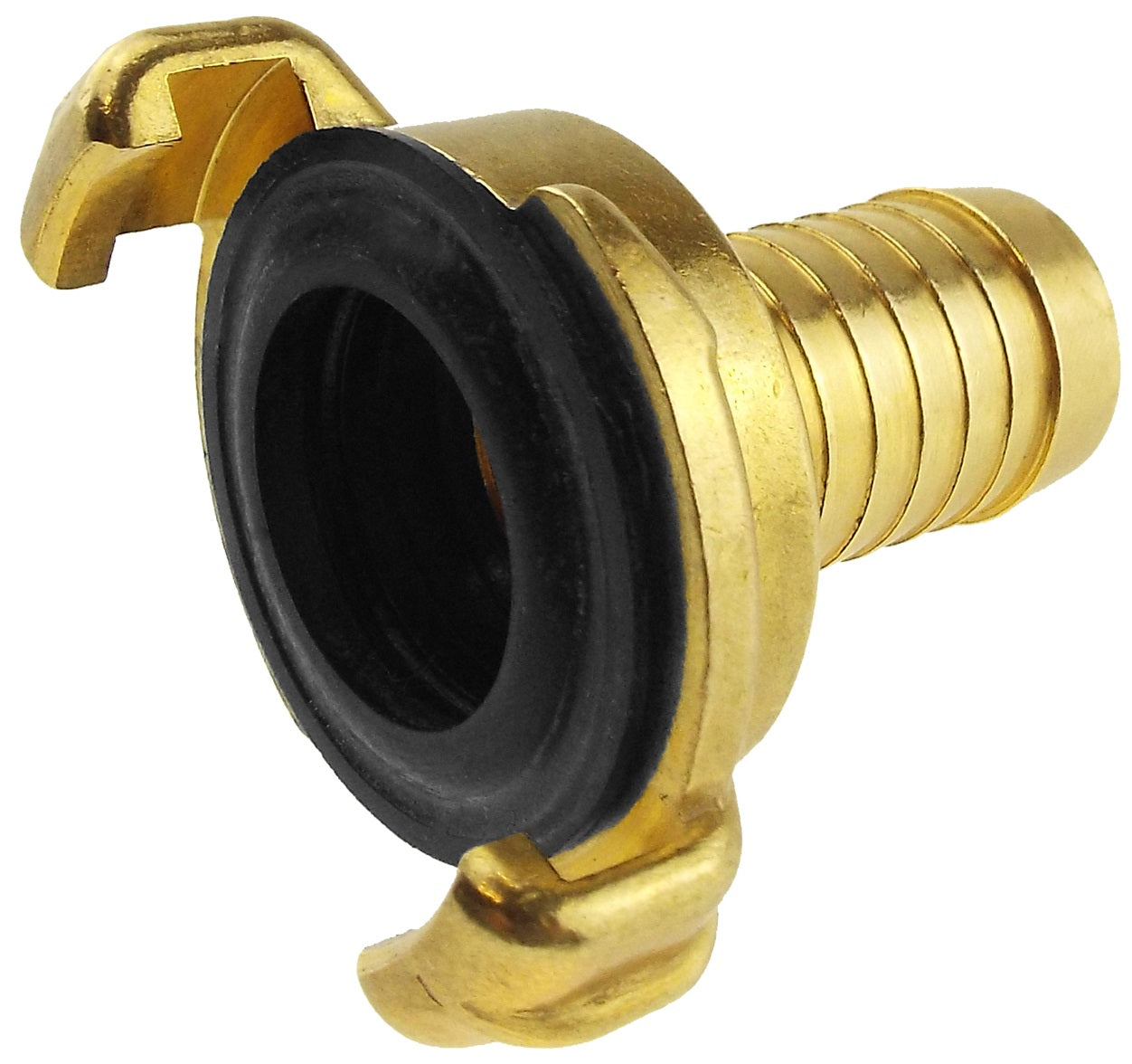Brass 1-inch hose fitting with black rubber seal and claw grip tabs