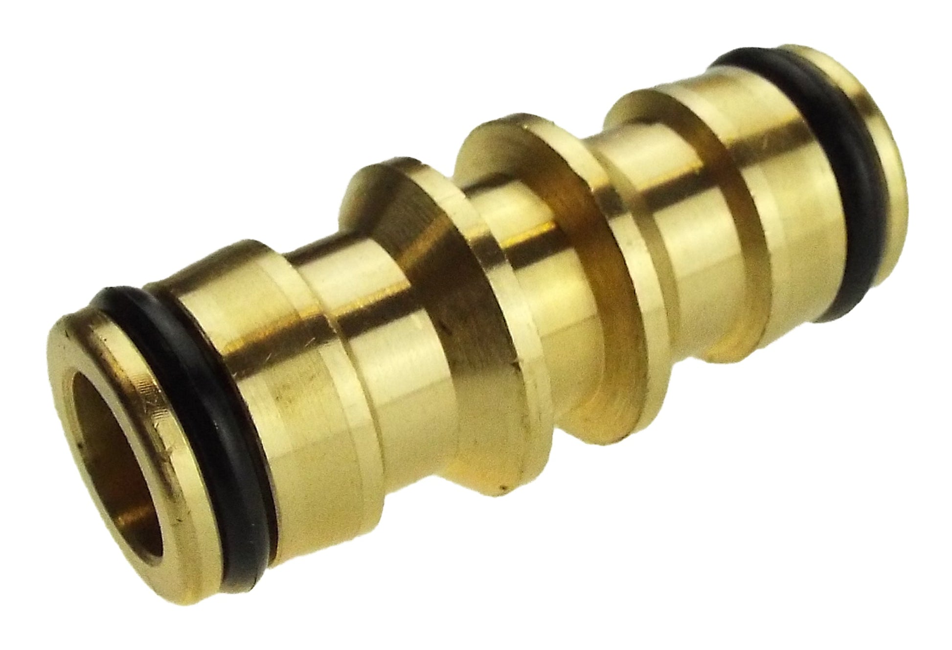 Two way male snap-on brass connector, threaded ends and black rubber rings