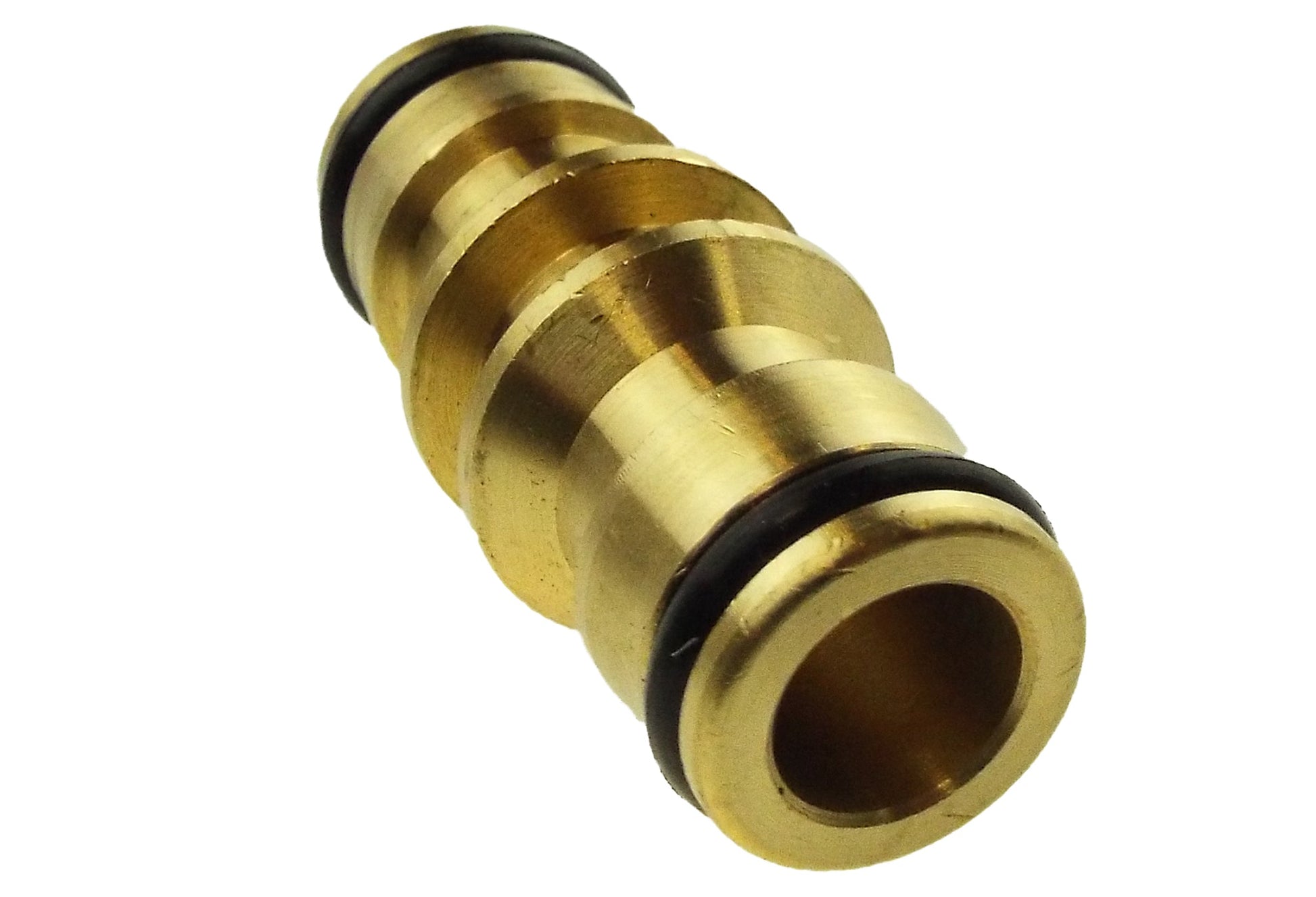 Two way male snap-on brass connector end, circular opening with black seal