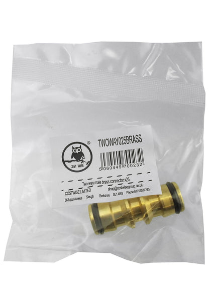 Brass two way male snap-on connector in clear retail bag, product label visible