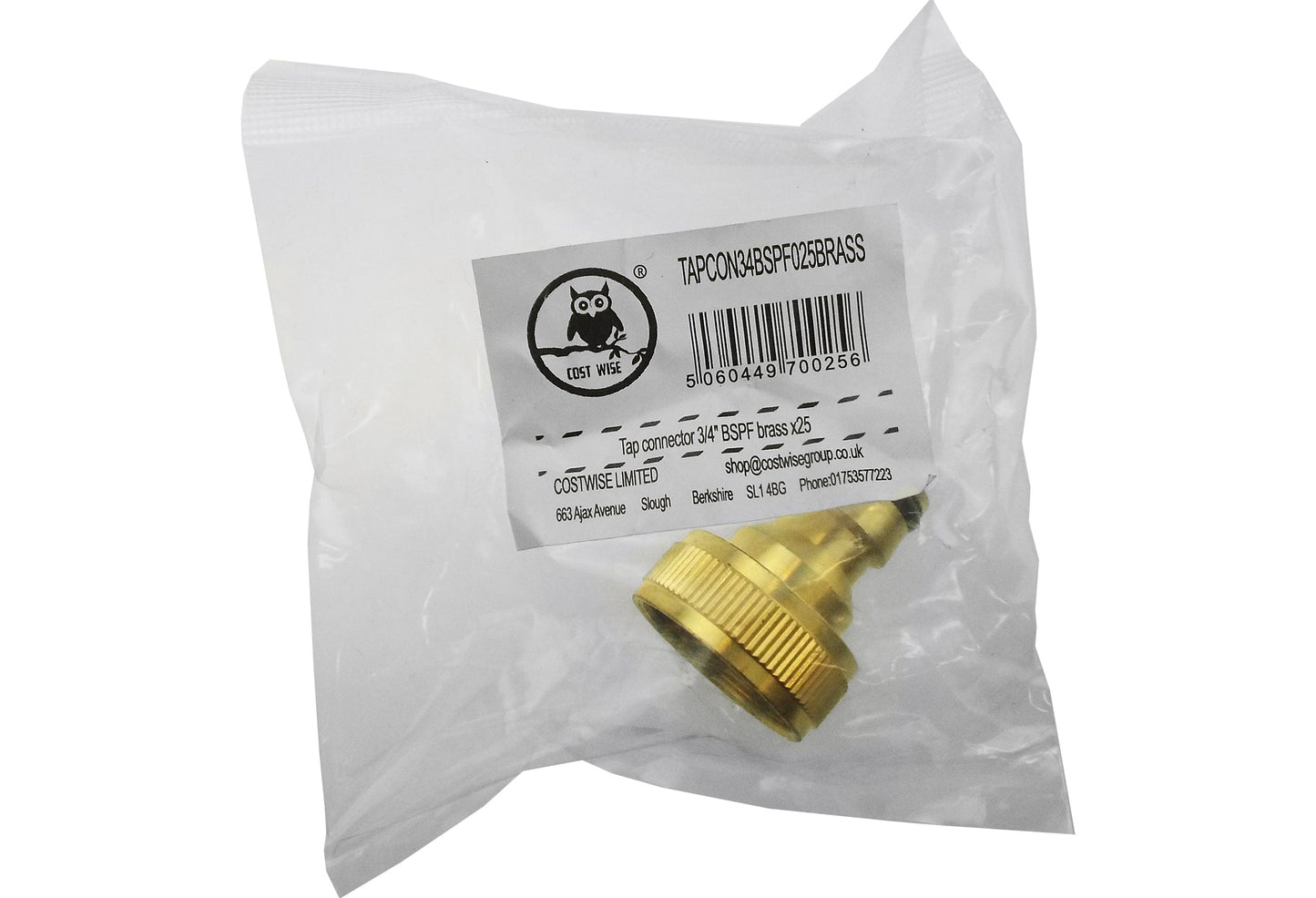 Brass tap connector snap-on male 3/4" BSPF in clear bag with label