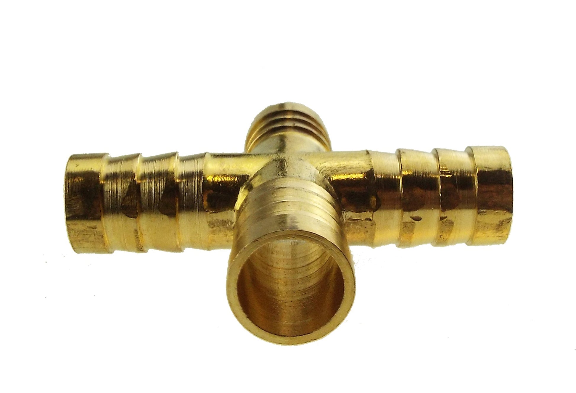 10mm brass cross joiner with visible internal socket and three threaded connections