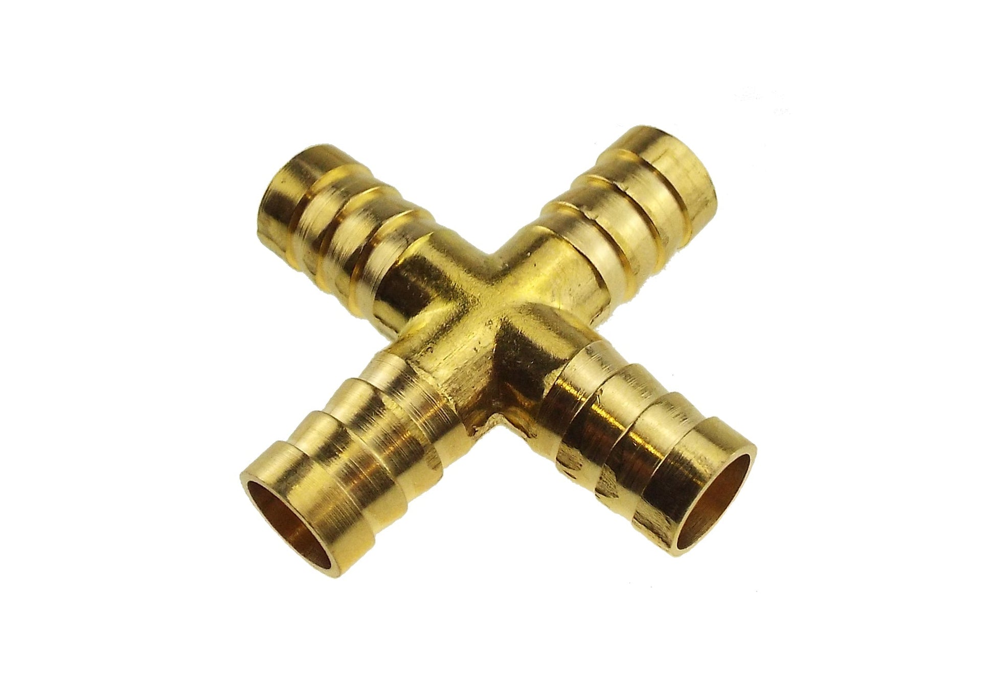 Brass cross joiner 6mm, compact four-way connector with barbed ends