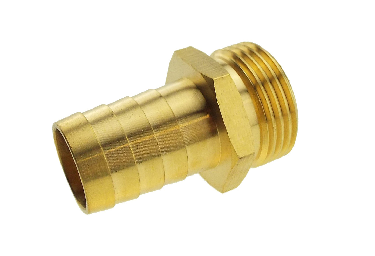 Brass straight joiner fitting with 13mm barbed hose tail and BSPM threads