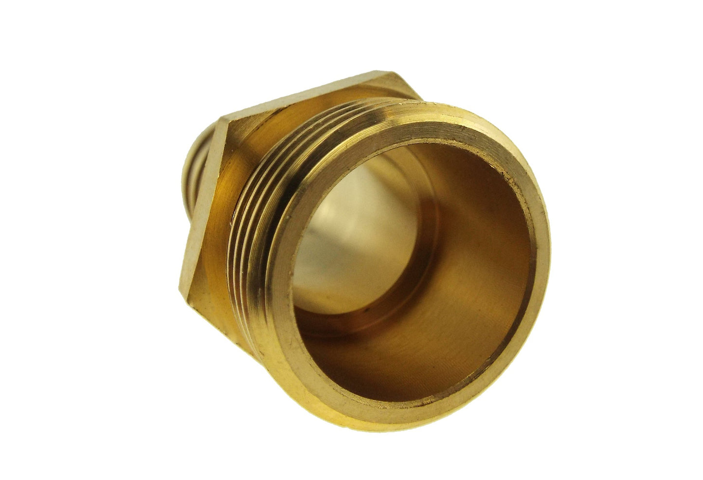 Brass straight joiner end view showing internal bore and barb grooves