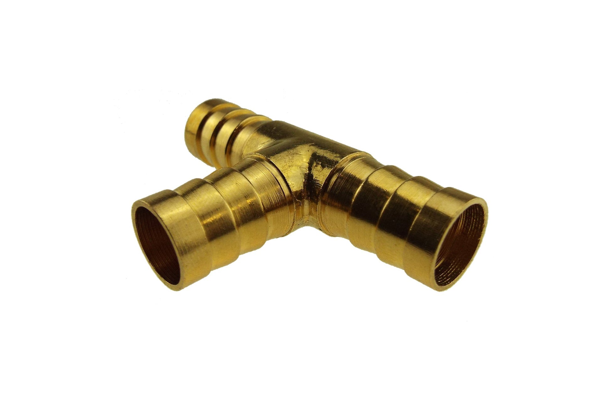 Brass 25mm tee connector, angled view of three threaded ends