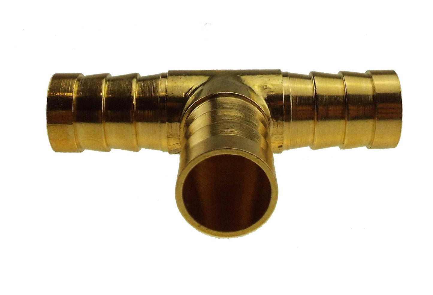 Brass 25mm tee connector, front view with open central port
