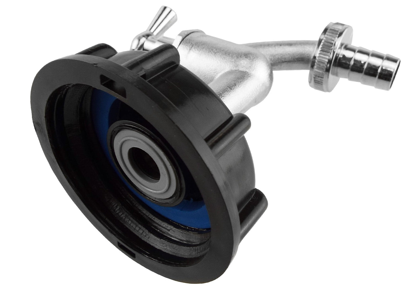 Black IBC cap base with 2" S60X6 opening, chrome tap outlet fitting