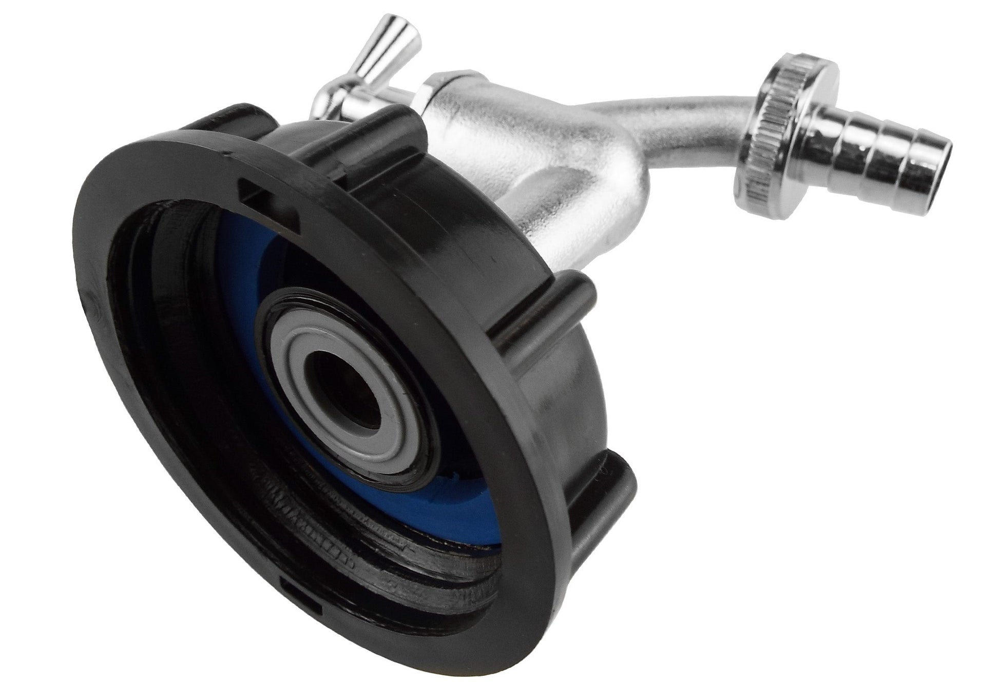 Black IBC cap base with 2" S60X6 opening, chrome tap outlet fitting