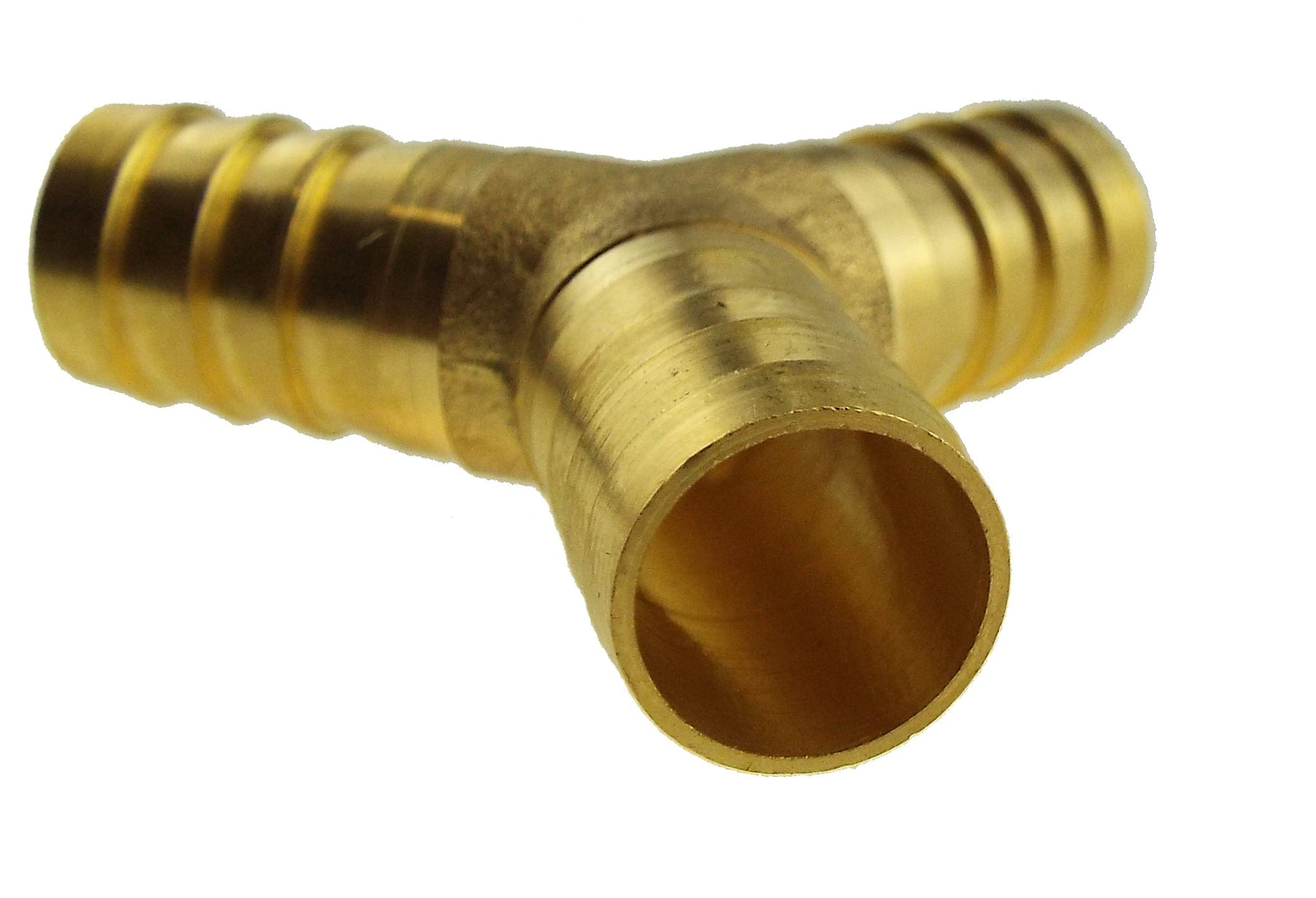 Brass 10mm Y tee connector end view showing barbed inner openings