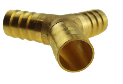 Brass 10mm Y tee connector end view showing barbed inner openings