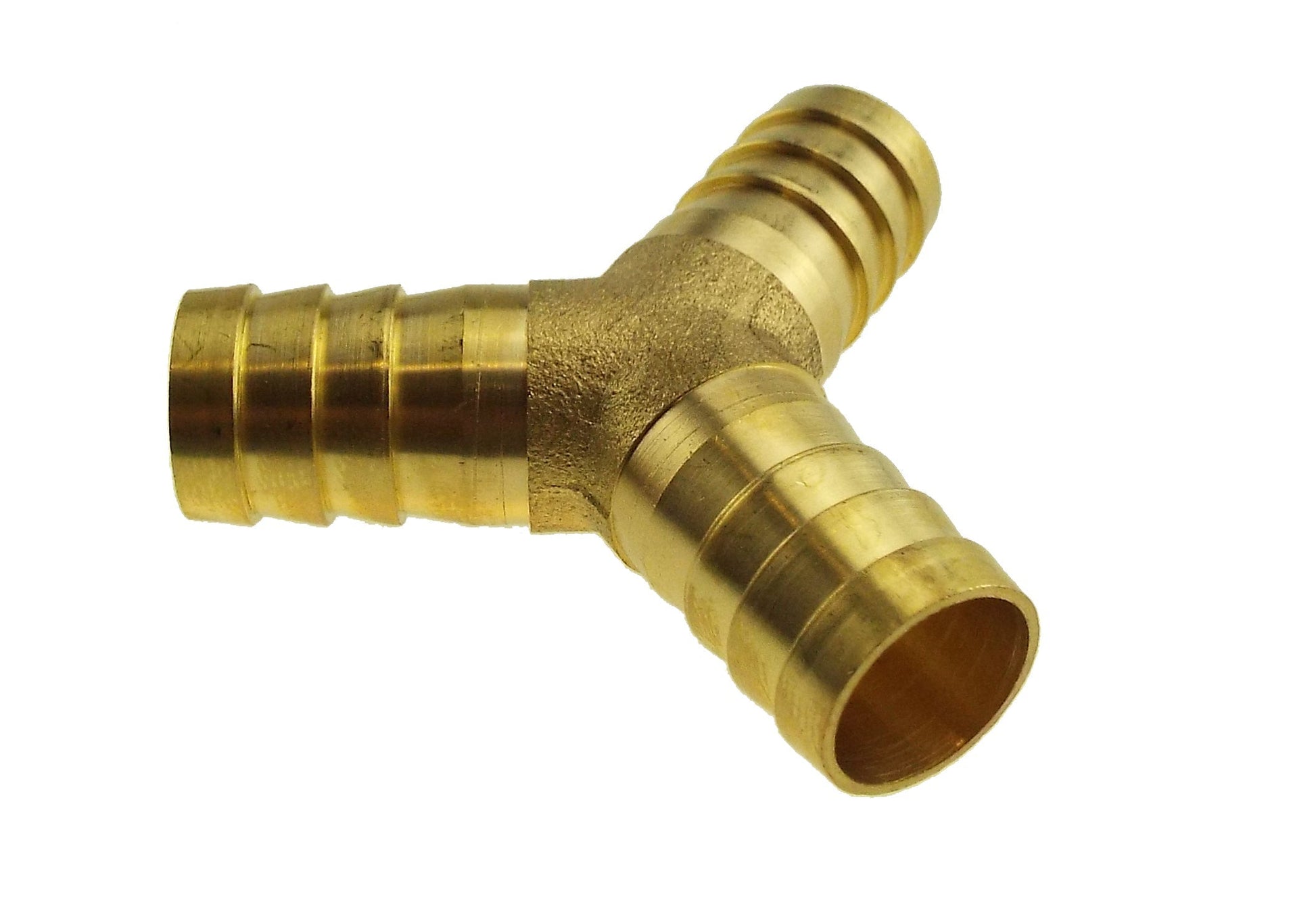 Brass 8mm Y tee connector with one visible barbed end and curved center