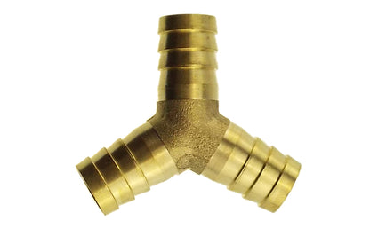Brass Y connector, 10mm barbed connections on three sides, angled junction fitting