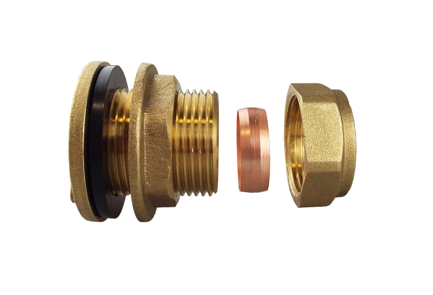 Brass 22mm straight tank adaptor with compression fittings and black seal