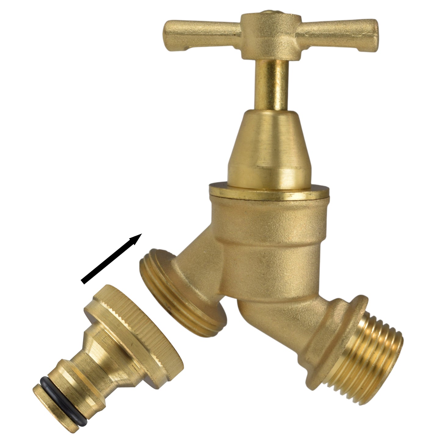 Brass bib tap with two threaded ends and quick-connect inlet/outlet components