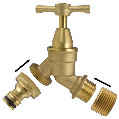 Brass bib tap body with threaded adapters and quick-connect connection ports