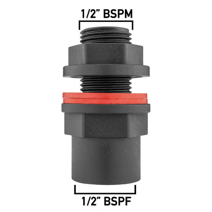 1/2" BSPM to 1/2" BSPF water butt outlet connector, black plastic with red seal