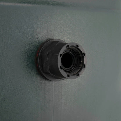 Close-up of black threaded outlet and red seal on water butt connector