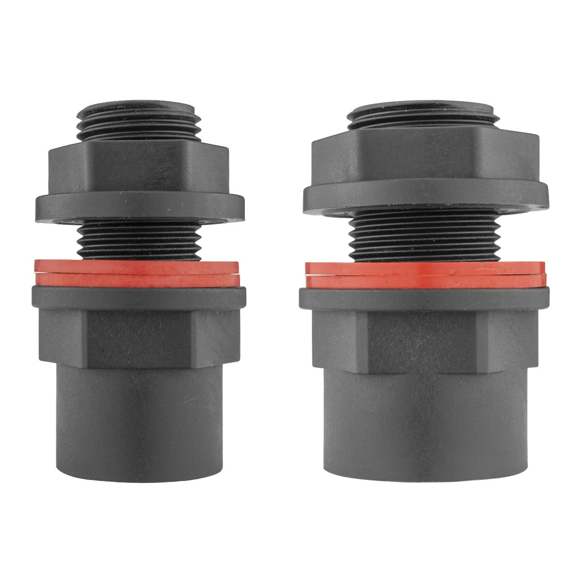 Water butt connector showing 1/2" BSPM and 1/2" BSPF sides, black with red seal