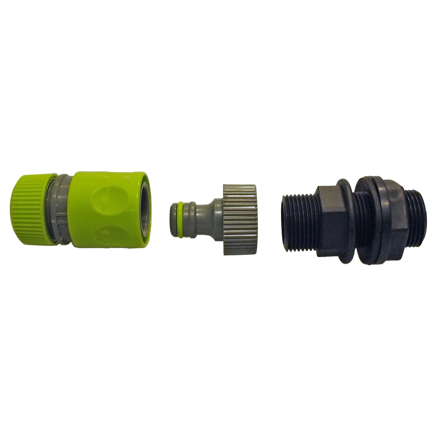 Lime 1" BSPM water butt kit quick adaptor and hose connector with two couplers shown