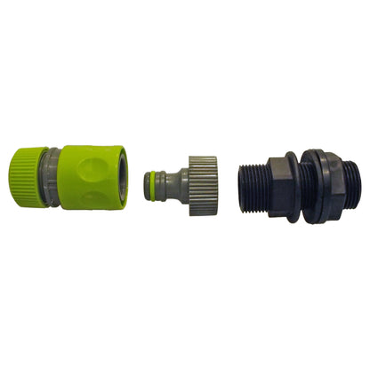 Lime 1" BSPM water butt kit quick adaptor and hose connector with two couplers shown