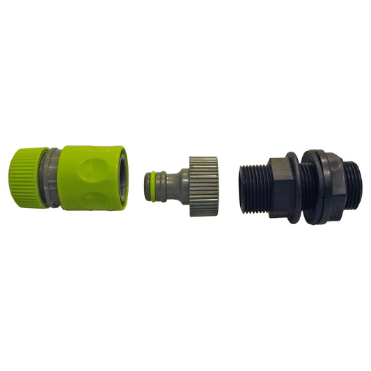 Lime 1" BSPM water butt kit quick adaptor and hose connector with two couplers shown