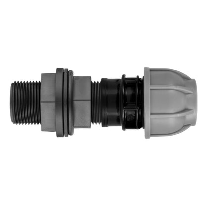 ¾\u201d BSPF to 20mm MDPE straight water butt fitting, grey and black ends