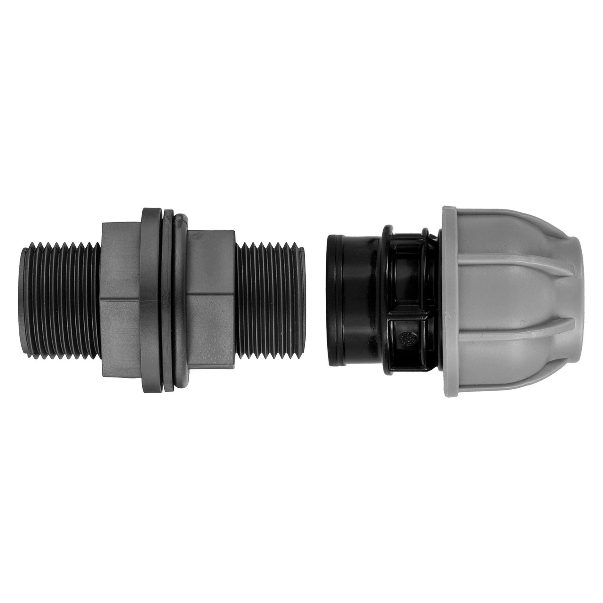 ¾\u201d BSP water butt fitting with 20mm MDPE straight connector, grey and black