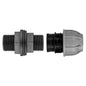 ¾\u201d BSP water butt fitting with 20mm MDPE straight connector, grey and black