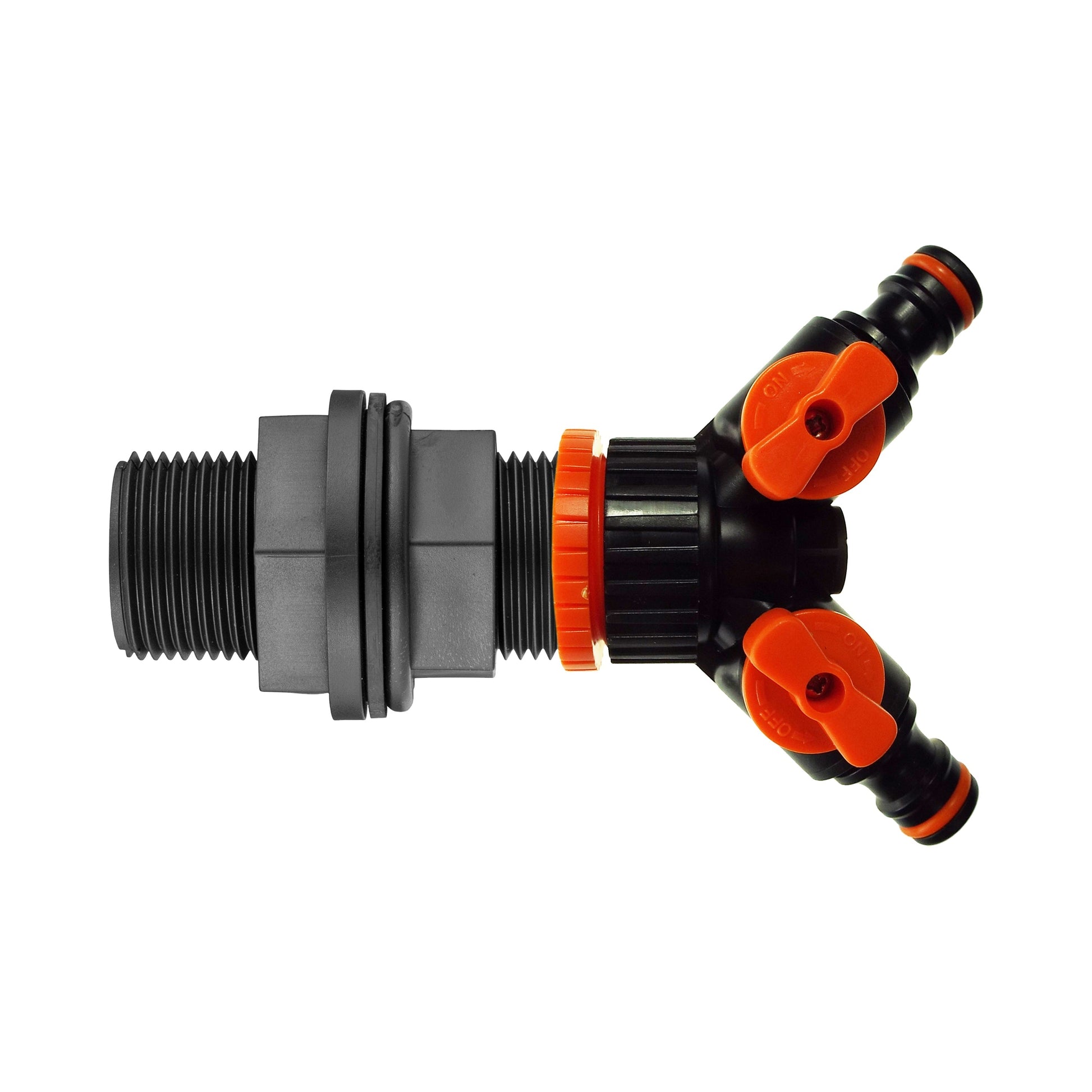 3/4” Water Butt Kit: two-way splitter with valved connectors, black and orange