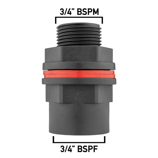 3/4" BSP male to 3/4" BSP female outlet adapter, black plastic with red seal ring