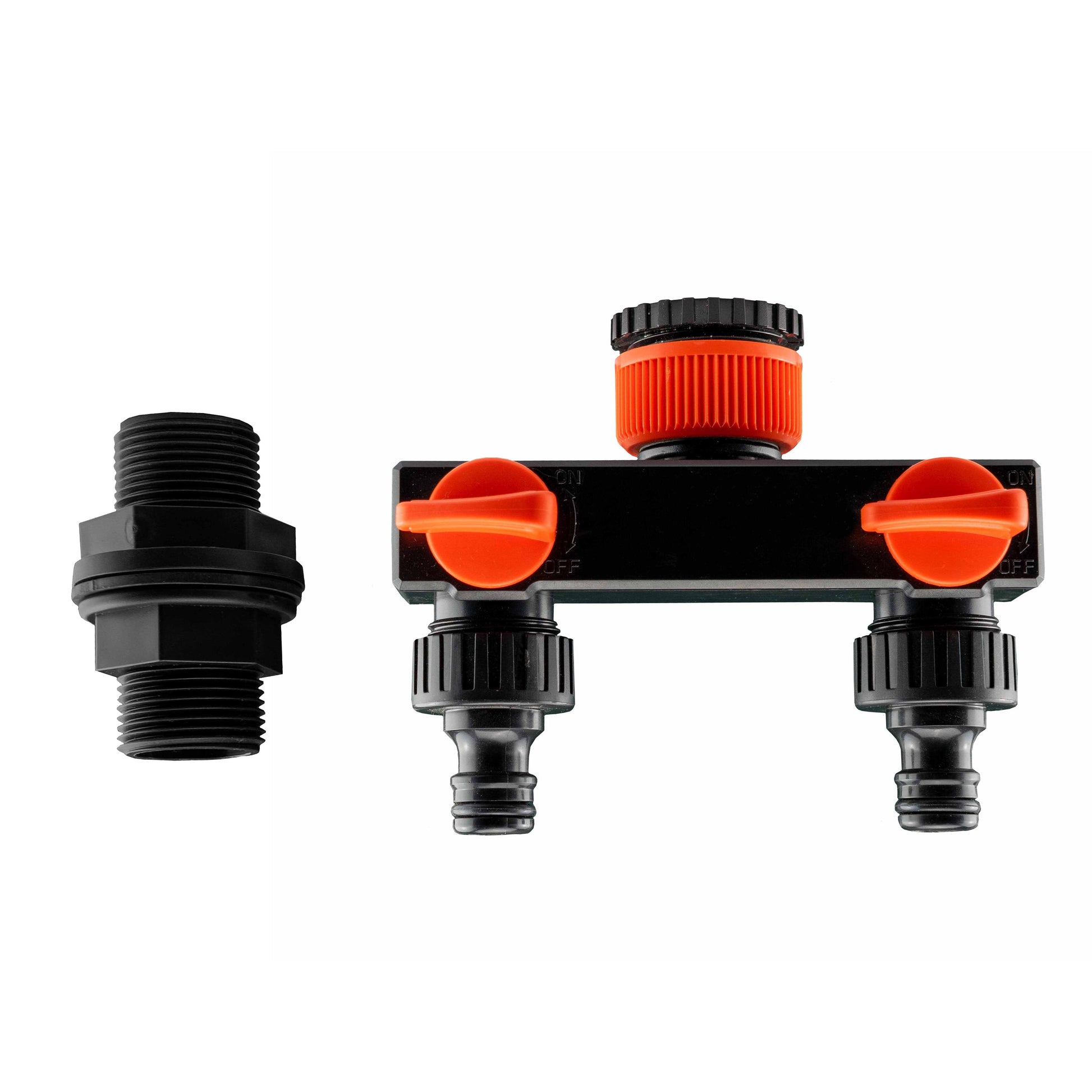 ¾" BSP water butt fitting with 2-way quick-connect valved splitter