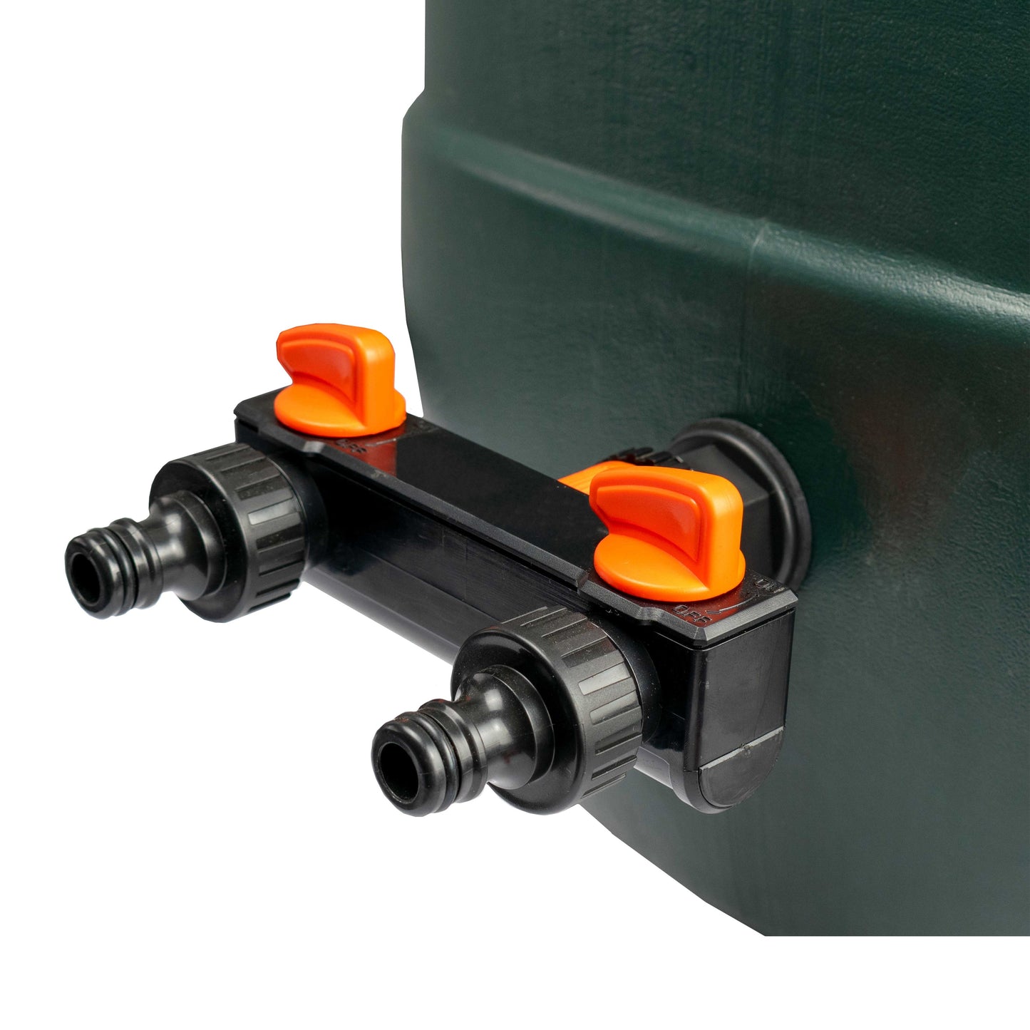 2-way quick-connect splitter with orange shut-off knobs and two push-fit outlets
