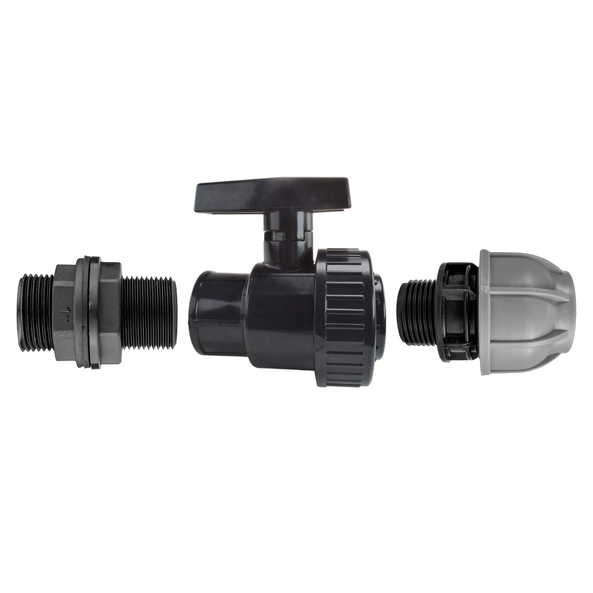 1" BSP water butt fitting with PP full-flow valve and 32mm MDPE connections