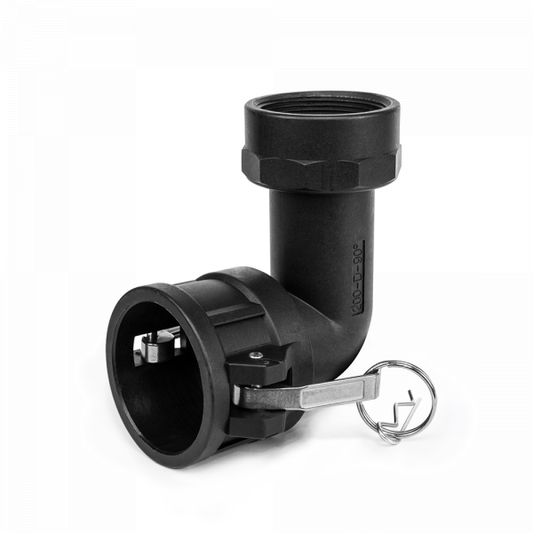Black 90° female camlock elbow fitting, 2" BSPP, with locking latch and hinged ring