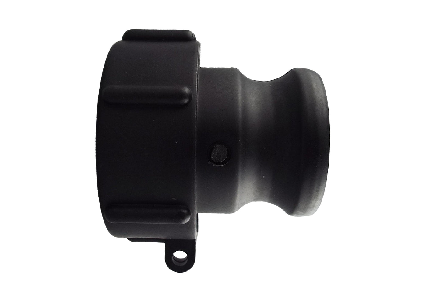 IBC S60X6 to 1.5" male camlock adapter, black plastic fitting