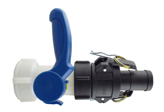 IBC 2" S60X6 Ventil mit 1,5" Camlock-Anschluss, blauem Hebel und schwarzem Gehäuse