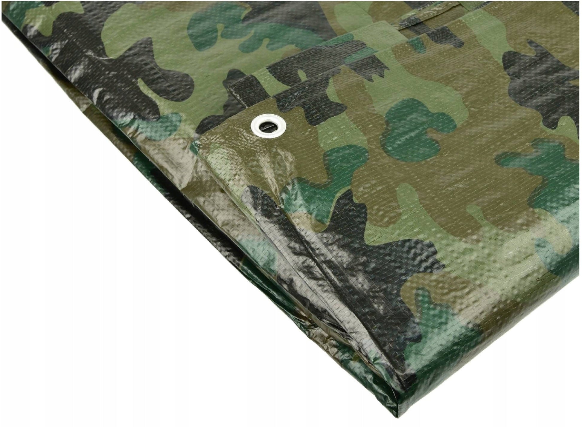 Camouflage tarpaulin corner with eyelet, dark green and brown camo pattern