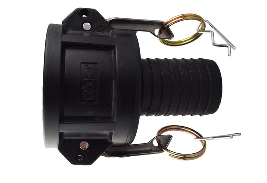 Camlock Type C 2" x 1.5" barbed coupler, black body with latch pins