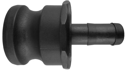 Camlock Type E 2 in to 1 in barb fitting, side view with threaded-style flange