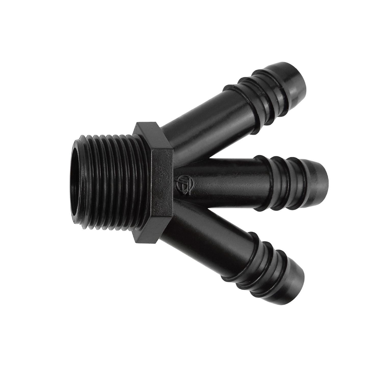 Three Way Y 16mm barbed 3/4" BSPM connector, black, three-way outlets