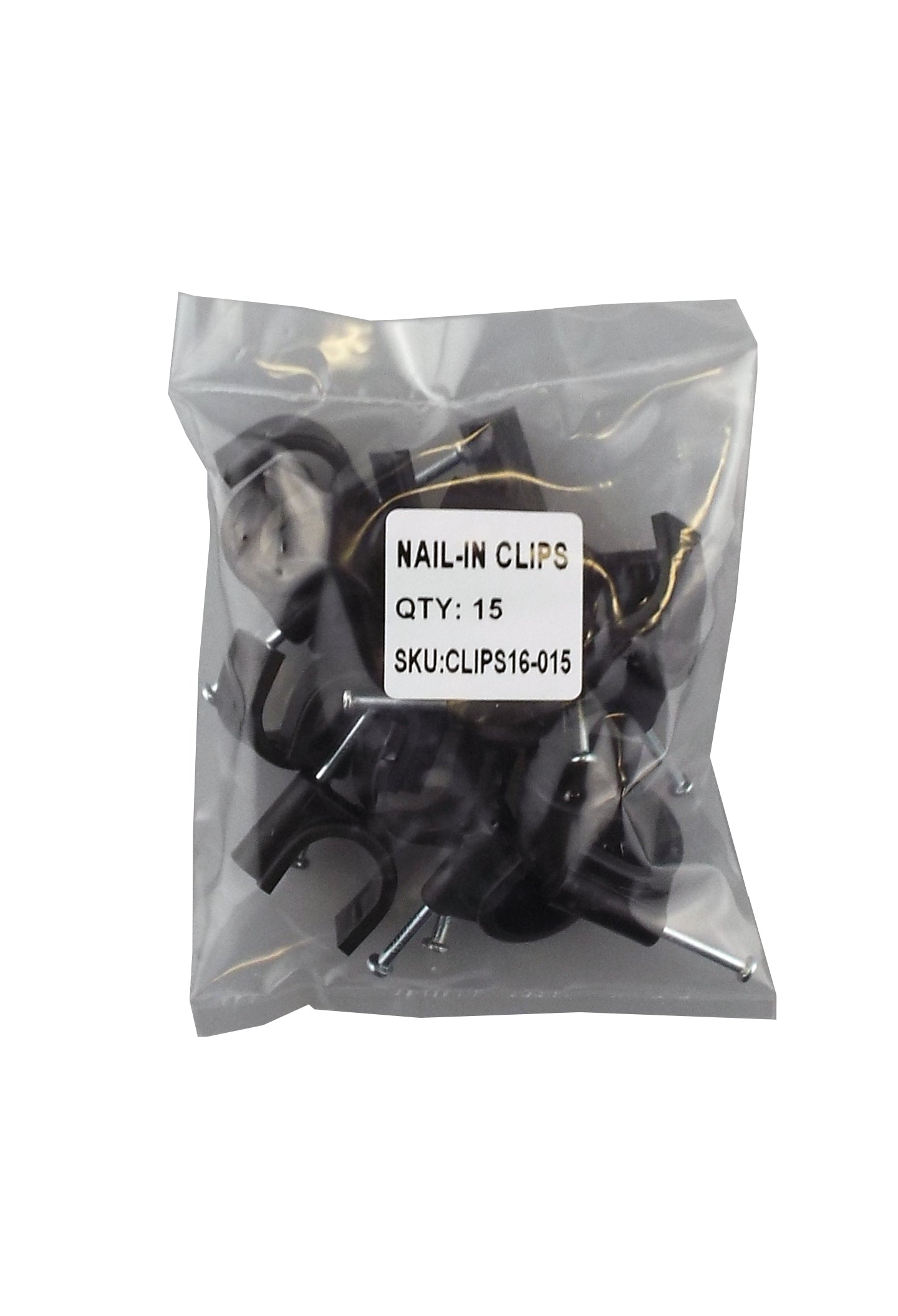 15 nail-in clips for 16 mm irrigation pipe, black with brass pins