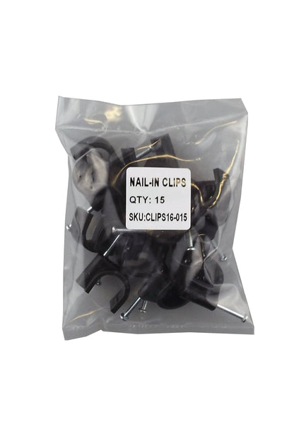 15 nail-in clips for 16 mm irrigation pipe, black with brass pins