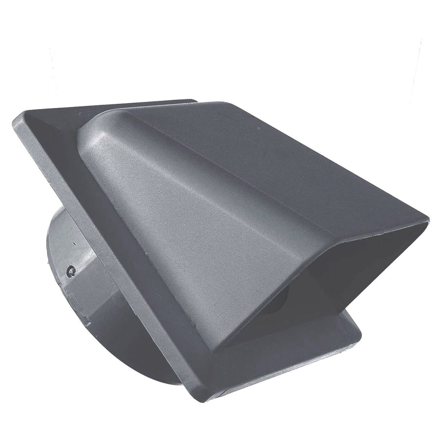 Graphite louvre vent from side angle with slanted top hood and outlet opening
