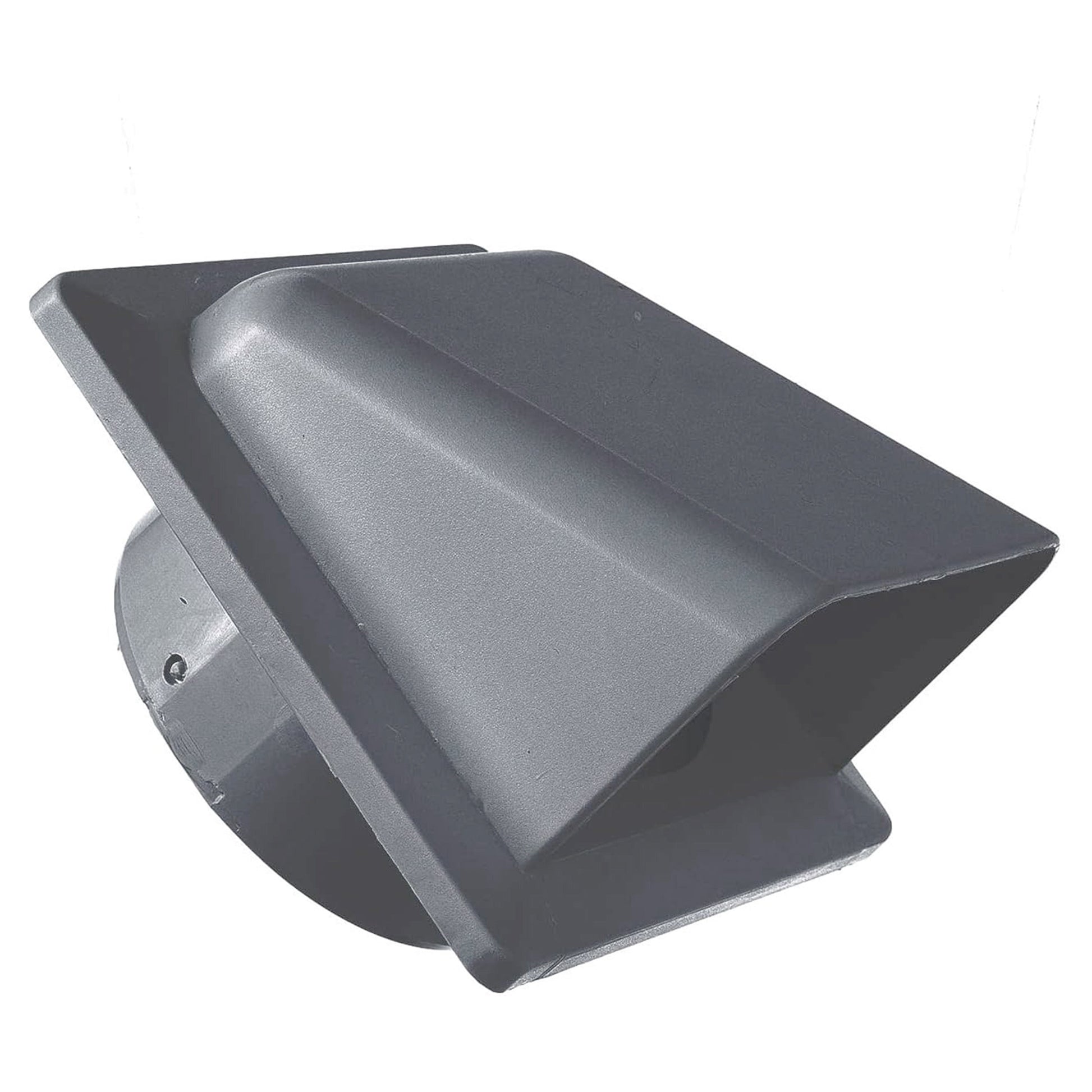 Graphite louvre vent from side angle with slanted top hood and outlet opening